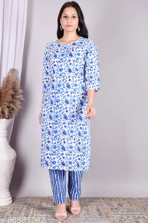Printed cotton kurta set with pallazo pants, three-quarter sleeves, Indian fashion on model