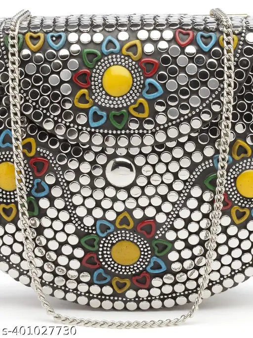 Metal and beaded clutch with silver chain strap, for weddings or evening wear