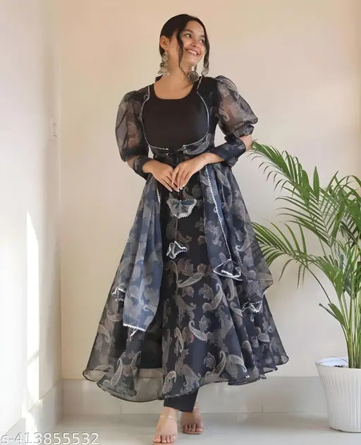 Black Organza Anarkali Dress Gown with Dupatta, multi-color floral print, suitable for weddings and parties. Women's formal wear made from organza fabric