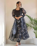 Black Organza Anarkali Dress Gown with Dupatta, multi-color floral print, suitable for weddings and parties. Women's formal wear made from organza fabric