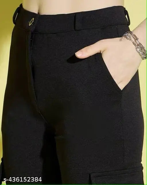 Black cotton lycra high-waisted cargo pants, versatile for formal or casual wear, side pockets for practicality