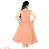 Peach embroidered chanderi flared gown set (pant & dupatta), handcrafted Indian traditional wear for girls aged 7-8
