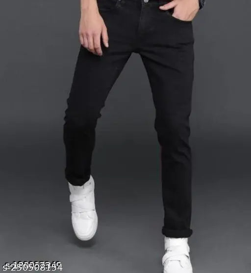 Men's denim plain black jeans, good cotton, light wash, solid pattern, clean look. Sizes: 28 (32 waist x 38 length), 30 (28 waist x 36 length), 32 (30 waist x 37 length). India origin
