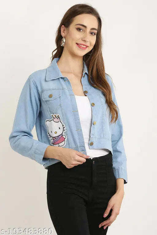 Denim Kids Girls full sleeve solid kitty patch jacket, colorful and fun for kids fashion, ideal for casual wear