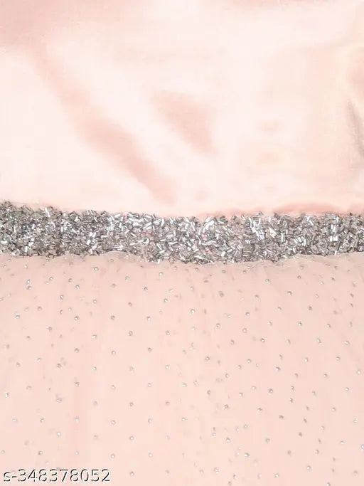 Light peach net knee-length girls' party dress, embellished, 1-2 years size