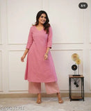 New pink katha cotton kurta set for summer use, three-quarter sleeves palazzos, solid pattern. Made in India