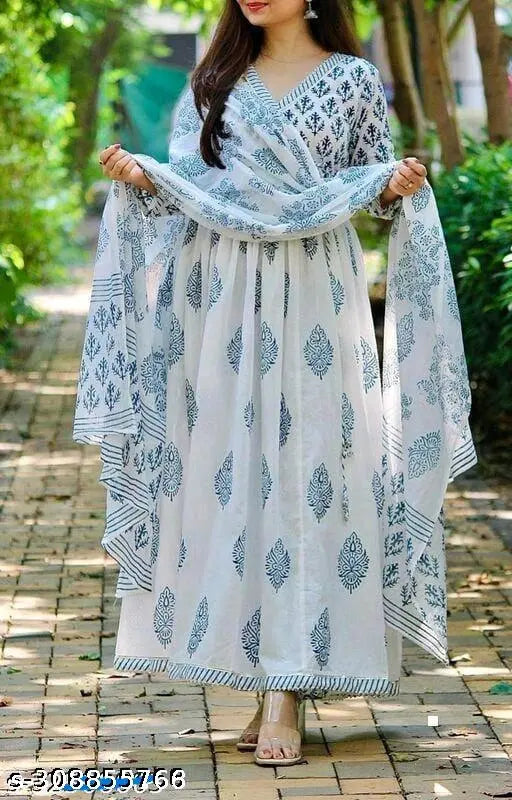 Rayon slub anarkali kurti with printed dupatta, three-quarter sleeves, Indian ethnic wear for women S to XXXL sizes
