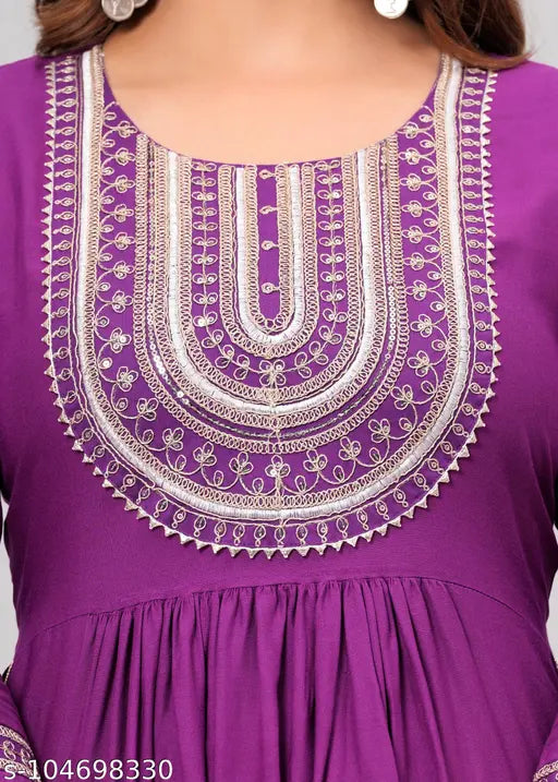 Teal blue rayon Anarkali Kurti with embroidered combo, perfect for casual and special occasions