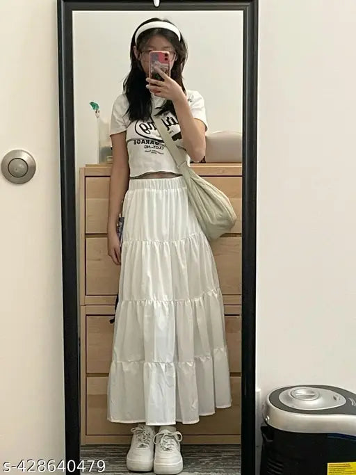 White rayon skirt for women, solid net pattern. Comfortable fit with sizes S-XXL, India origin