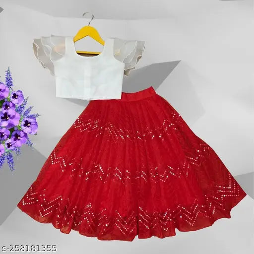 Ethnos kids girls net embroidered lehenga set, India-made organicza & net with mirror work, 21-28 in waist sizes
