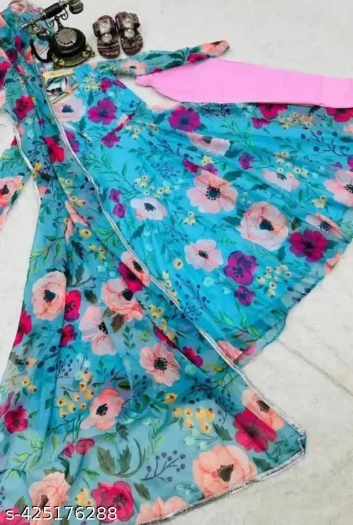Blue floral printed Georgette gown set for women, long sleeves, size S-XXL, India origin