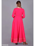 Rayon embroidered flared kurta for women, solid-colored stylish gown with three-quarter sleeves, Indian fashion on model