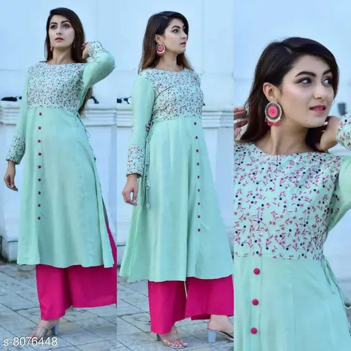 Rayon A-line embroidered long kurti with palazzos, intricate embellishments, Indian handloom women's fashion set