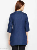 Navy blue laser-printed denim tunic, Avyanna women's stylish three-quarter sleeve top with printed design, size S (34 in bust) on model