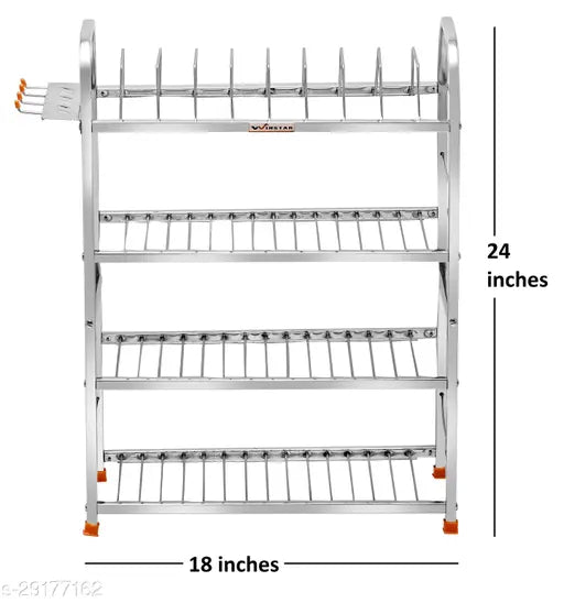 Stainless Steel 4-Shelf Akaya Kitchen Rack | Dish Rack & Bartan Stand (24x18 inch) | Resistant to corrosion, easy assembly and clean