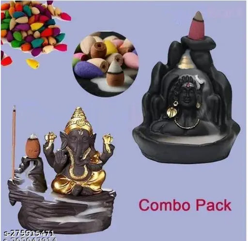 Black and golden poly resin HaridwarDivine combo of Lord Shiva and Lord Ganesh Backflow Fountain Adiyogi Smoke Fountain Statue with free 20 backflow sticks for temple worship or office (Pack of 2) on display