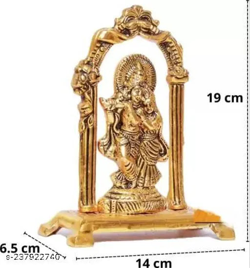 Metal Radha Krishna couple playing flute showpiece, 18 cm gold-plated idol statue