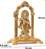 Metal Radha Krishna couple playing flute showpiece, 18 cm gold-plated idol statue