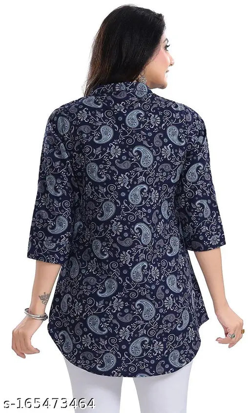 Blue crepe short kurti with digital floral print, GMK Fashions, suitable for daily & office wear, three-quarter sleeves