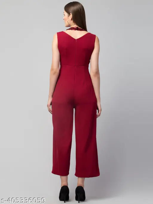 Cotton blend sleeveless jumpsuit for women and girls, solid color fashion outfit on model