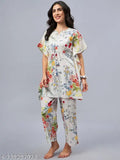 WineRed women's white floral print cotton kaftan night-suit set, short sleeves, adjustable waist, free scrunchie, round neck, made in India