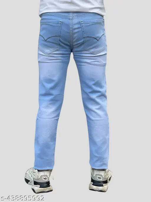 Blue denim men's jeans, washed distressed