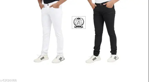 Black and white denim men's pack of 2, solid pattern jeans available in sizes 28, 30, and 32, made in India