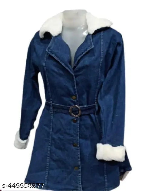 Winter Fur denim jacket & coat, solid pattern, long sleeves for girls, size 10-11 years, India origin