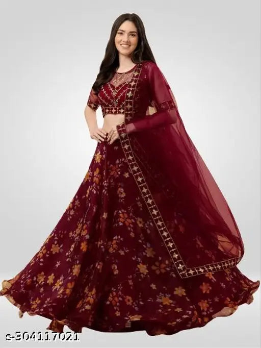 Trendy net lehenga set, embroidered top with floral dupatta and semi-stitched, Indian fashion on display