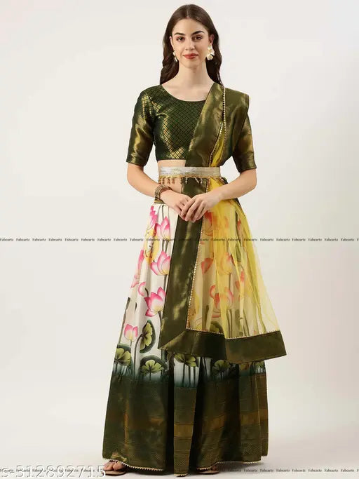 Gold-toned Zari floral print half saree with semi-stitched choli and dupatta, Indian tradition design in art silk fabric