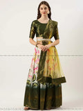 Gold-toned Zari floral print half saree with semi-stitched choli and dupatta, Indian tradition design in art silk fabric