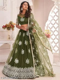 Designer embroidered net lehenga-choli and dupatta set, semi-stitched with 52" waist and 48" length