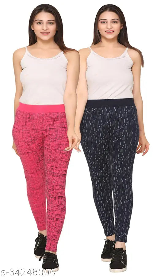 Cotton blend printed net Fancy Women Jegging, free size with 34" waist, 39" length, and 36" hip. Made in India