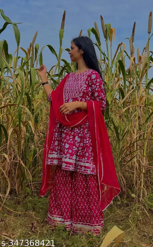 Embroidered rayon Rani kurta set with dupatta and bottomwear, three-quarter sleeves, India-made