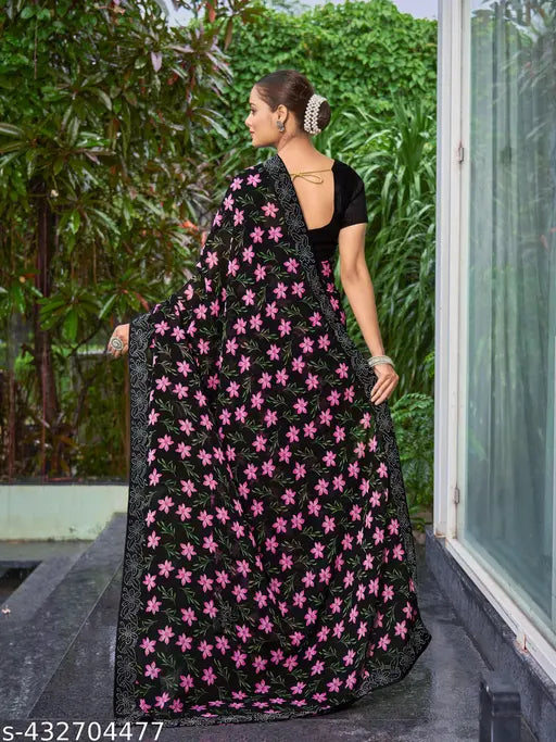 Pink and black Georgette saree, party wear