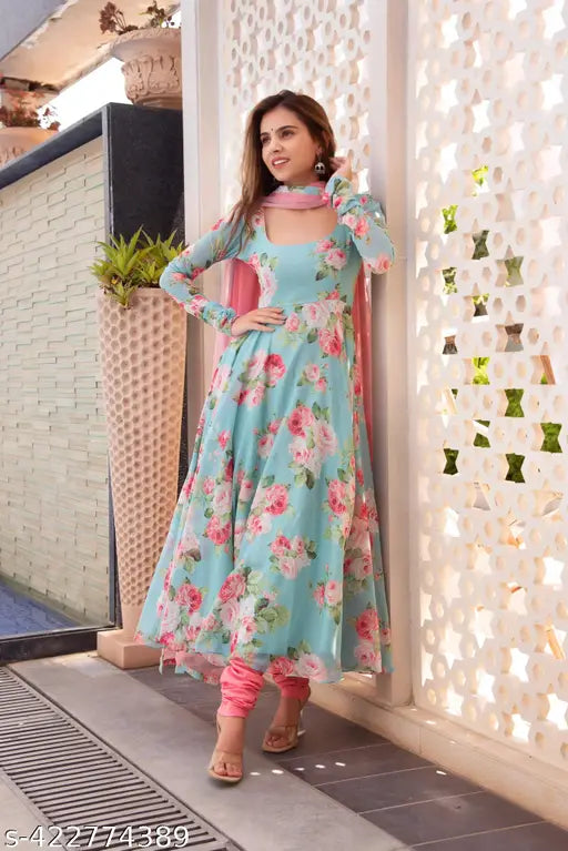 Georgette floral printed women's gown with dupatta, Indian attire for festive occasions or everyday wear