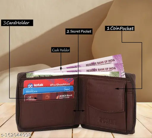 Brown faux leather round zip wallet with solid pattern, perfect for organizing cards and currency. Made from sturdy, spill-proof materials. Men's wallet by ZOSTER, country of origin: India