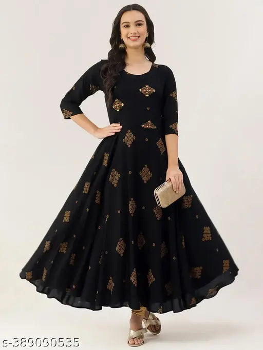 Women's printed viscose rayon flared kurta, three-quarter sleeves, S to XXL sizes available