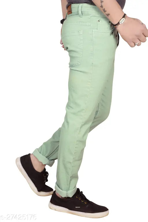 Just black men's slim green jeans, cotton blend, premium quality for comfortable wear. Solid pattern with two front pockets and coin pocket