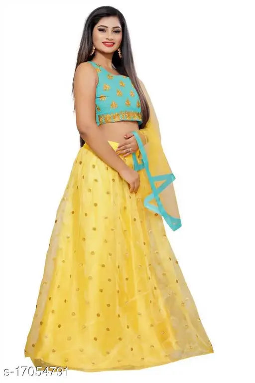 Red satin and net lehenga set with embroidered top and lace dupatta, semi-stitched, Indian origin" (108 characters)