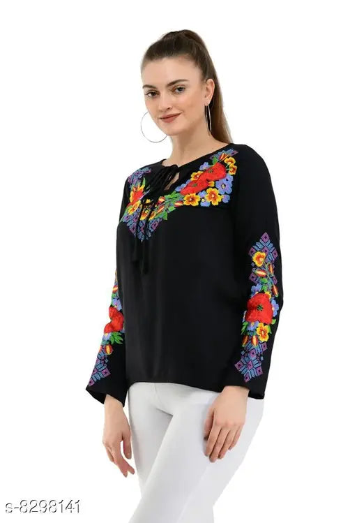 Rayon black embroidery top, long-sleeved women's clothing with intricate embroidery from India. (S: Bust 36", Length 25"; M: Bust 38", Length 25"; L: Bust 40", Length 25"; XL: Bust 42", Length 25"; XXL: Bust 44", Length 25")