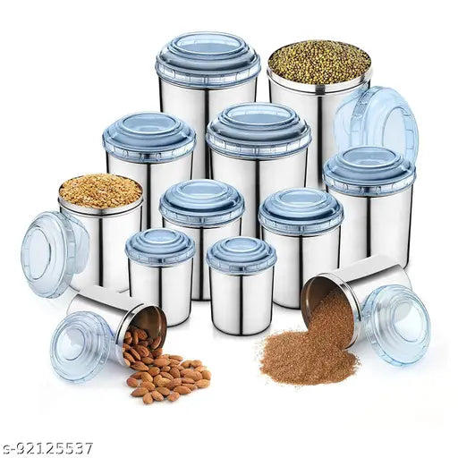 12 PCS Stainless Steel Canister Set with Blue PC Lids -12 Pcs Set