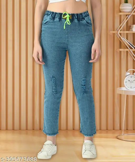 Premium stretchable blue denim jogger pants for women