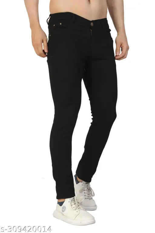 Mens black stretchable denim jeans, slim fit for men's versatile style and comfort. (Size options: 26, 28, 30, 32 inches waist, length 40 inches. Made in India.)