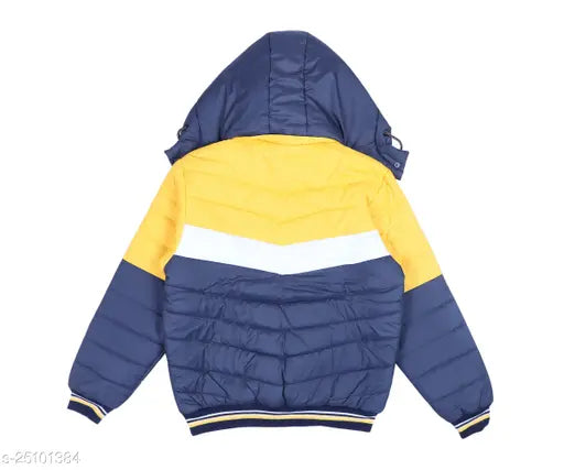 Indian boys full sleeve navy blue and yellow puffer winter jacket