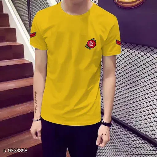 Trendy yellow cotton rose patch t-shirt, short sleeves, printed pattern on soft Indian fabric
