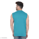 Teal cotton blend sleeveless round t-shirt by Tfurnish, ideal for casual wear this season