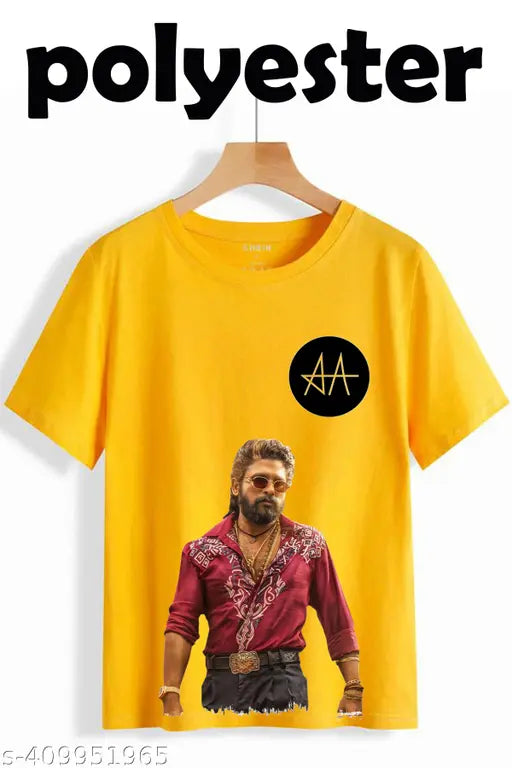 Yellow Allu Arjun Pushpa A3 AA logo black t-shirt, short sleeves, printed net pattern, available in sizes S-XXL