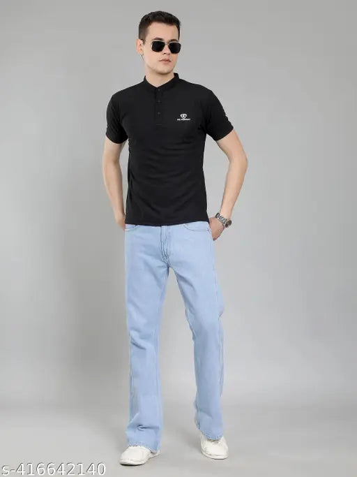 New trending mens high neck, half sleeve cotton blend t-shirt in solid pattern. Upgrade wardrobe essentials with stylish Indian-made garment