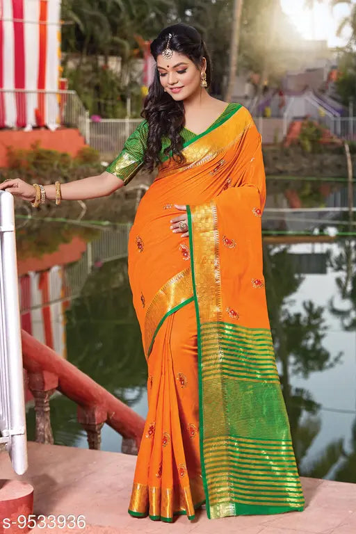 Traditional handloom embroidered sari, yellow cotton fabric, sangam prints design
